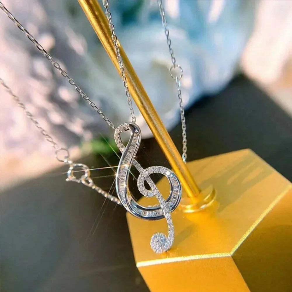 925 Sterling Silver Music Note Diamond Pendant Necklace